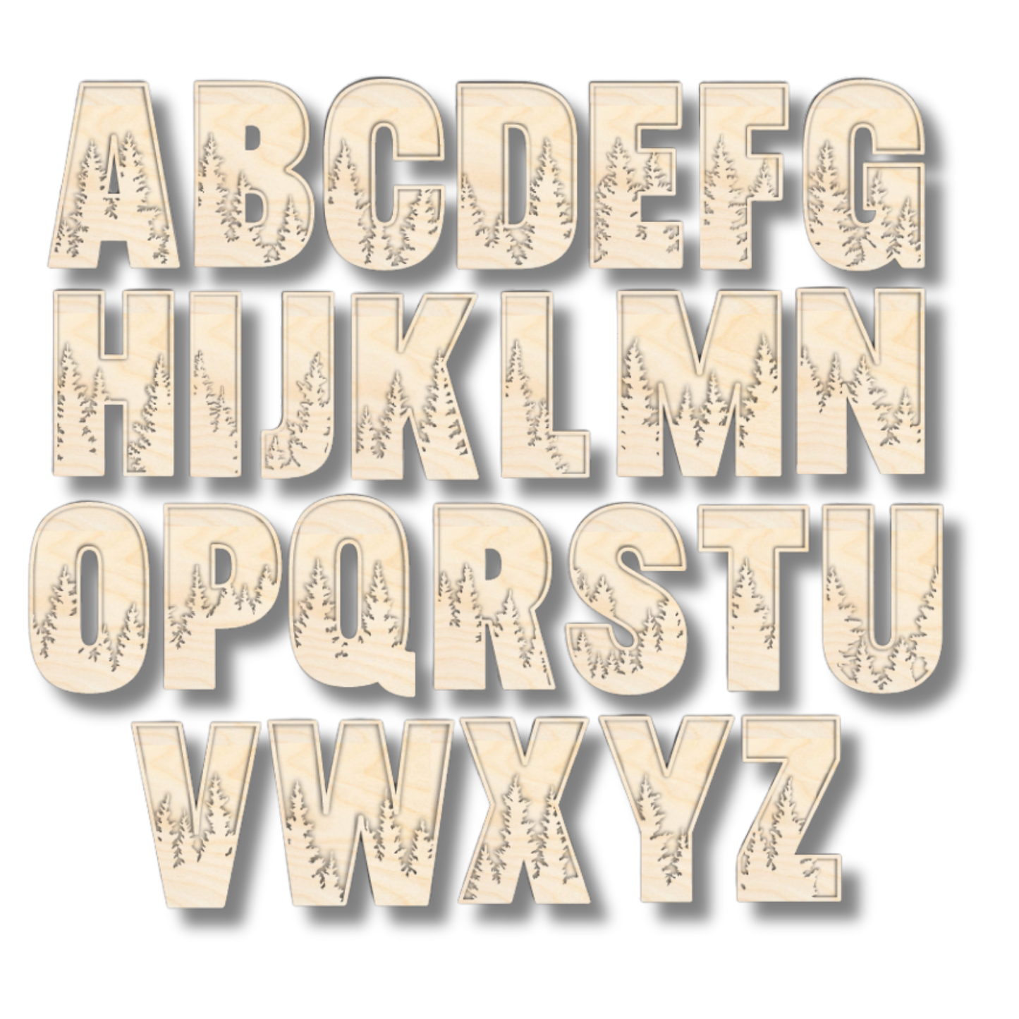 Unfinished Wood Layered Themed Letters | Pine Trees | A-Z | 2 Piece | up to 24"