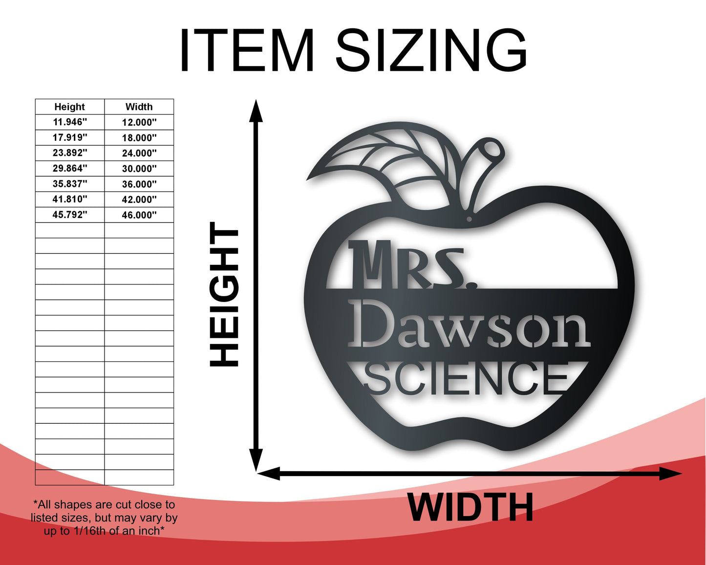 Metal Teacher's Apple Wall Art | School Teacher Metal Sign | Indoor Outdoor | Up to 46" | Over 20 Color Options