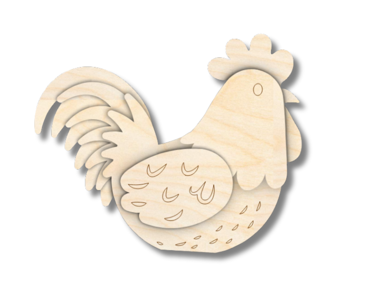 Unfinished Wood Layered and Etched Sitting Rooster Shelf Sitter | 5pc | 7" Tall | 1/4"  Wood | Wood Craft DIY