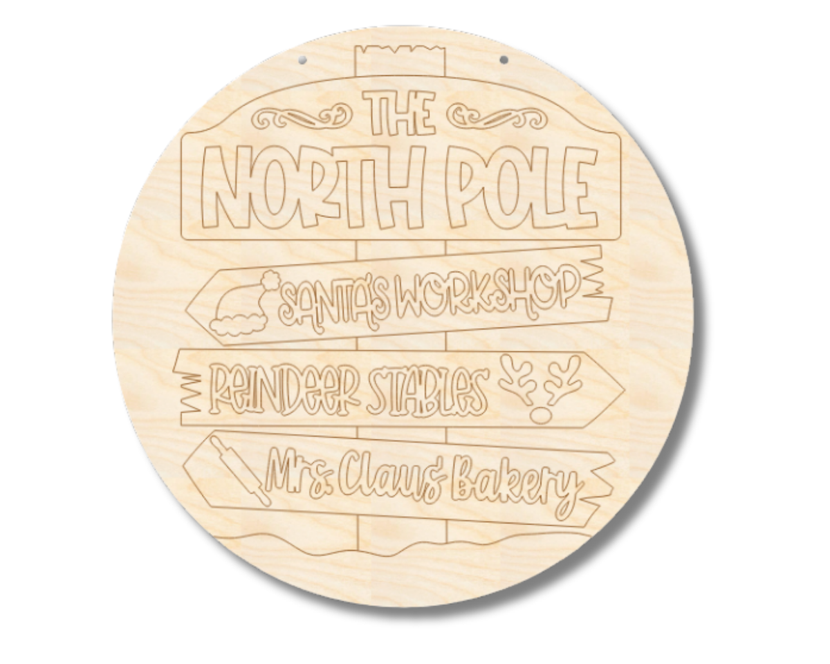 Unfinished Wood Etched North Pole Door Sign | Paint By Line Crafts | up to 30" DIY