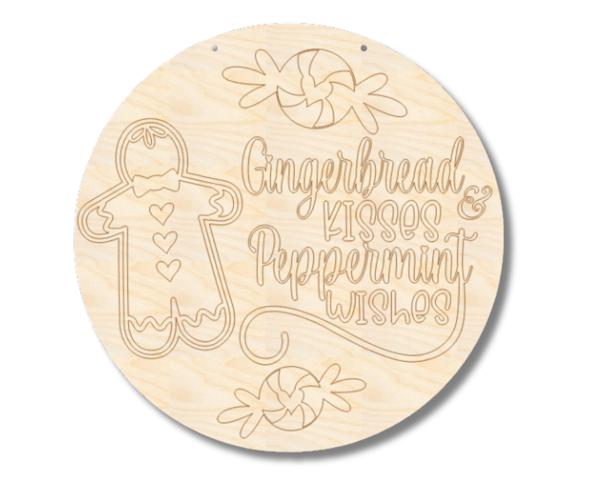 Unfinished Wood Etched Gingerbread Kisses Door Sign | Paint By Line Crafts | up to 30" DIY