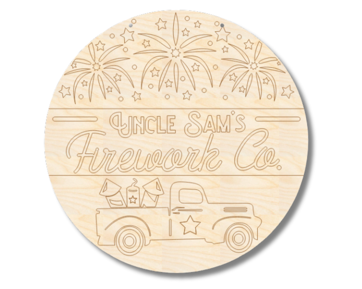 Unfinished Wood Etched Uncle Sam's Firework Door Sign | Paint By Line Crafts | up to 30" DIY