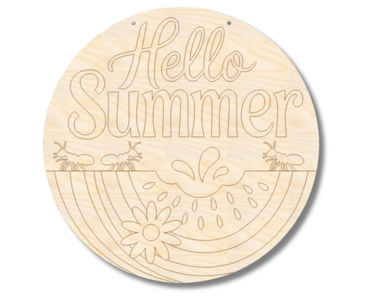 Unfinished Wood Etched Hello Summer Watermelon Door Sign | Paint By Line Crafts | up to 30" DIY