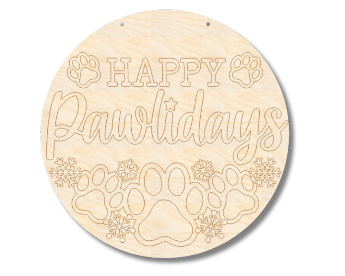 Unfinished Wood Etched Happy Pawlidays Door Sign | Paint By Line Crafts | up to 30" DIY