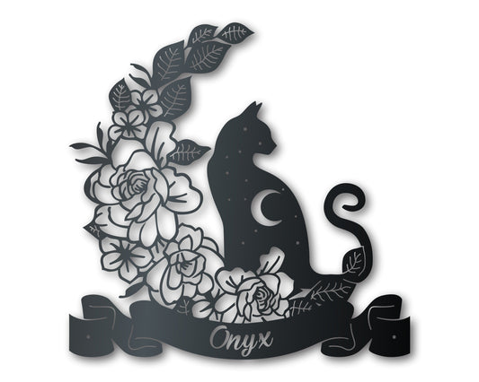 Metal Moonflower Cat Wall Art - Metal Pet Sign - 14 Color Options