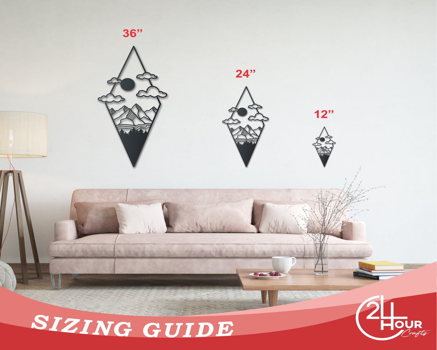 Metal Diamond Mountain Clouds Wall Art | Indoor Outdoor | Up to 46" | Over 20 Color Options