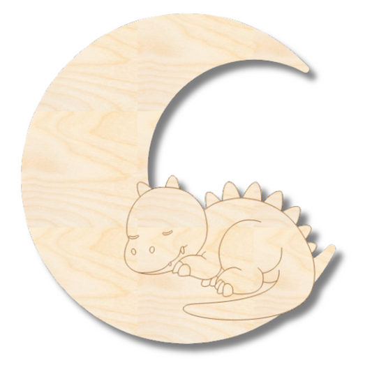 Unfinished Wood Etched Sleeping Dinosaur on Moon Shape | Paint By Line Crafts | up to 30" DIY