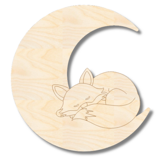 Unfinished Wood Etched Sleeping Fox on Moon Shape | Paint By Line Crafts | up to 30" DIY