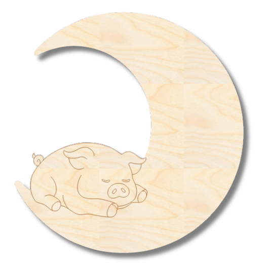 Unfinished Wood Etched Sleeping Pig on Moon Shape | Paint By Line Crafts | up to 30" DIY