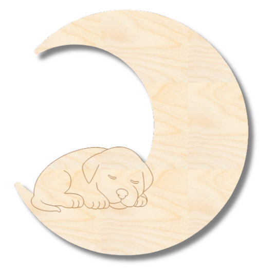 Unfinished Wood Etched Sleeping Puppy on Moon Shape | Paint By Line Crafts | up to 30" DIY