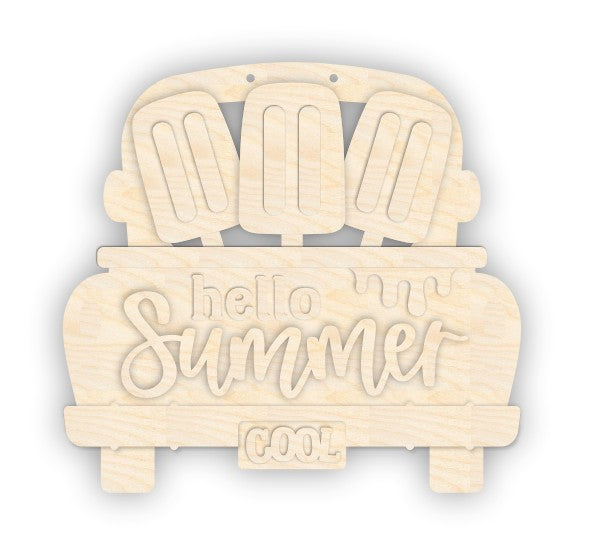 Unfinished Wood Hello Summer Popsicle Truck Door Sign Kit | Wood Craft Cutouts | 1/4" Thick |