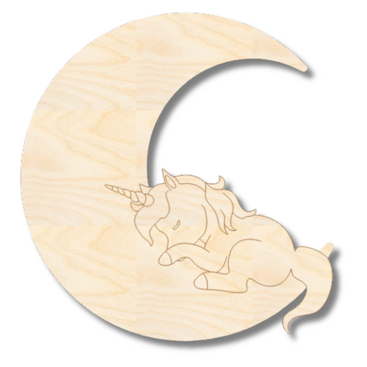 Unfinished Wood Etched Sleeping Unicorn on Moon Shape | Paint By Line Crafts | up to 30" DIY
