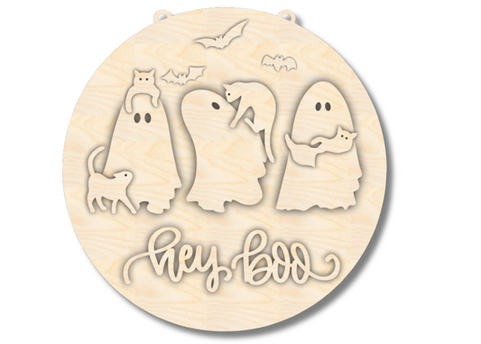 Unfinished Wood Hey Boo Ghost Cat Door Sign Kit | Wood Craft Cutouts | 1/4" Thick |
