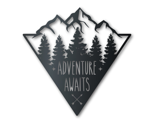 Adventure Mountains Metal Sign | Mountain Forest Wall Art | Indoor Outdoor | Up to 46" | Over 20 Color Options