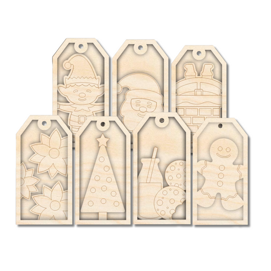 Unfinished Wood Layered Christmas Gift Tags | 14 Options | 3 Piece | 4"-6" Tall | 1/8" Wood | Wood Craft DIY