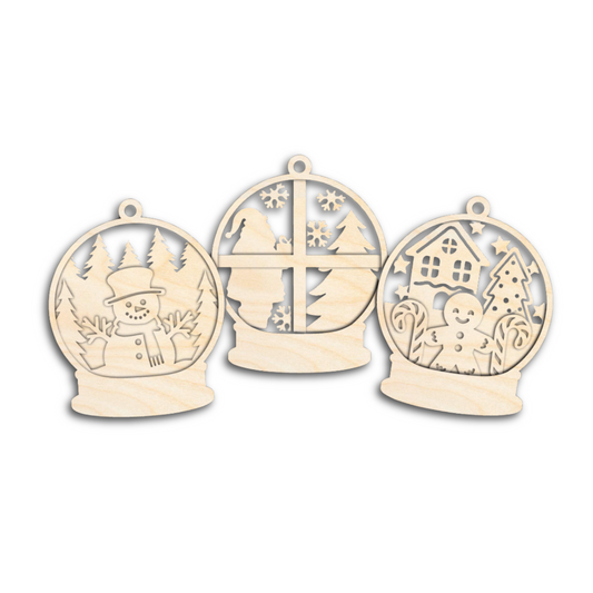 Unfinished Wood Layered Snow Globe Christmas Ornaments | 3 Piece | 5" Tall | 1/8" Wood | Wood Craft DIY