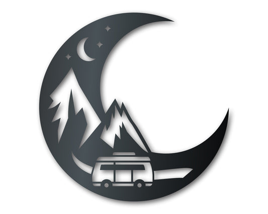 Metal Camper Moon Sign | Metal Adventure Wall Art | Indoor Outdoor | Up to 46" | Over 20 Color Options