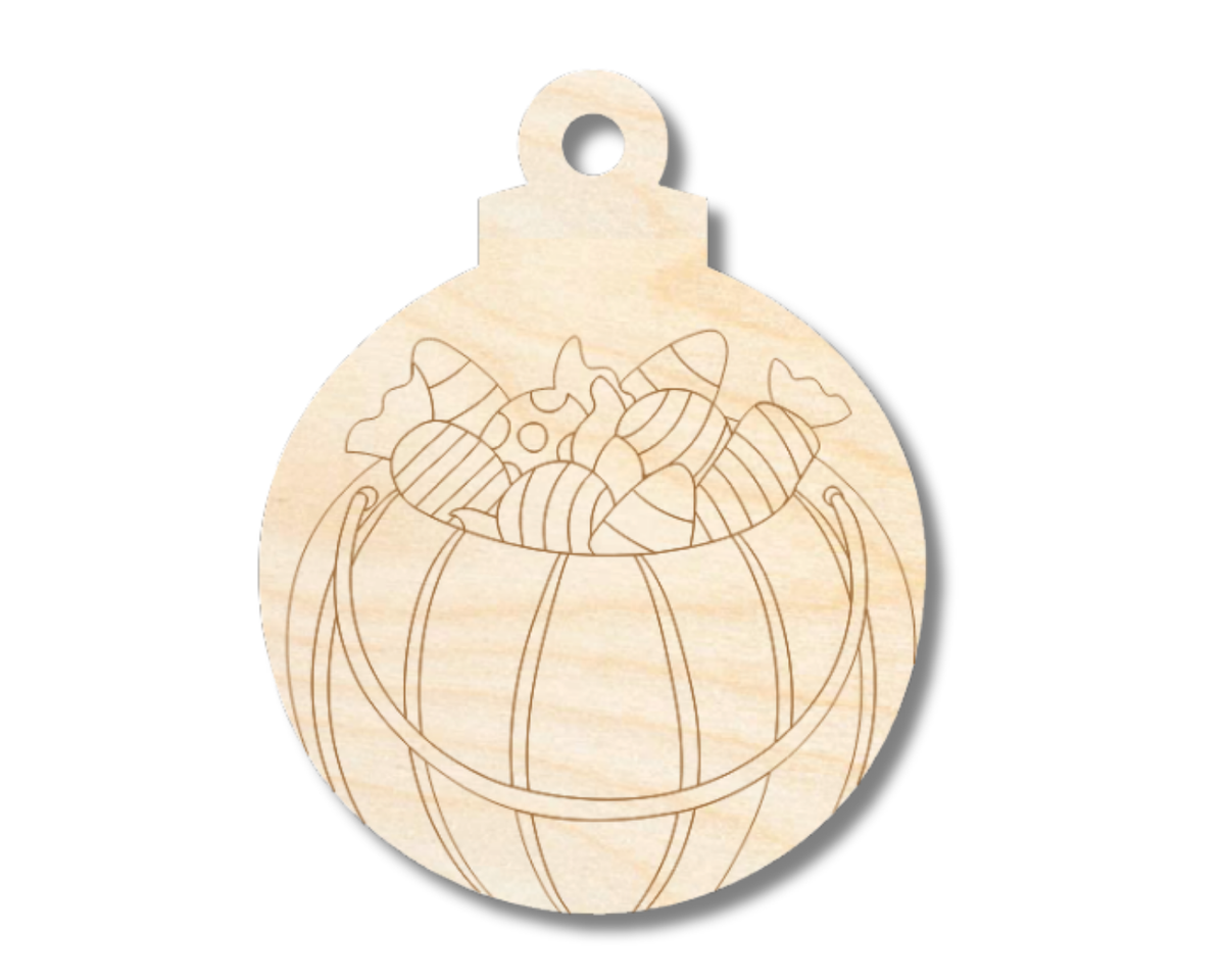 Unfinished Wood Etched Bucket of Candy Ornament Shape | Paint By Line Crafts | up to 30" DIY