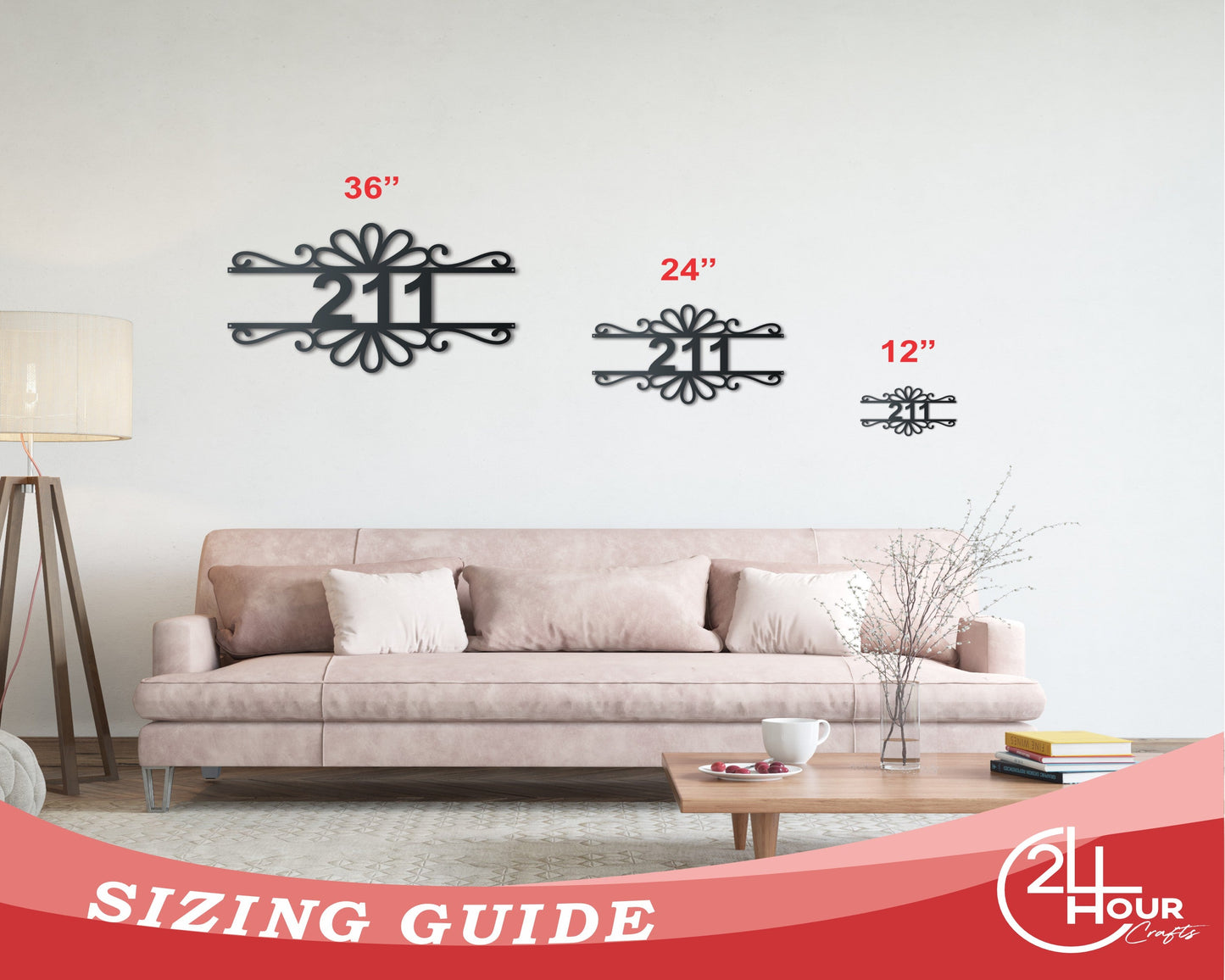 Custom Metal Flourish Address Wall Art | House Number Sign | Indoor Outdoor | Up to 46" | Over 20 Color Options