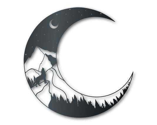 Metal Crescent Wolf Moon Wall Art | Metal Mountain Decor | Indoor Outdoor | Up to 46" | Over 20 Color Options