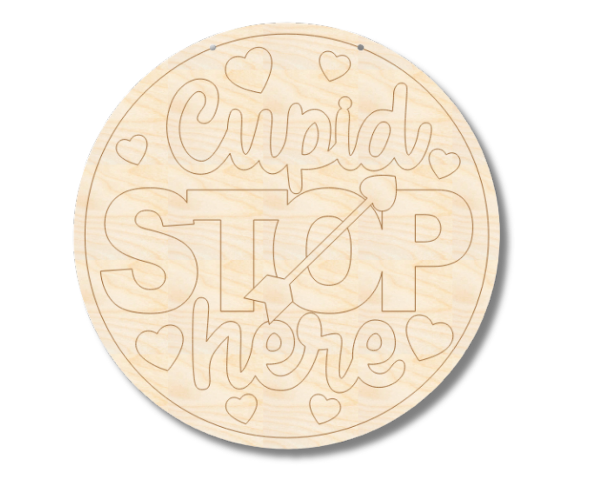 Unfinished Wood Etched Cupid Stop Here Door Sign | Paint By Line Crafts | up to 30" DIY