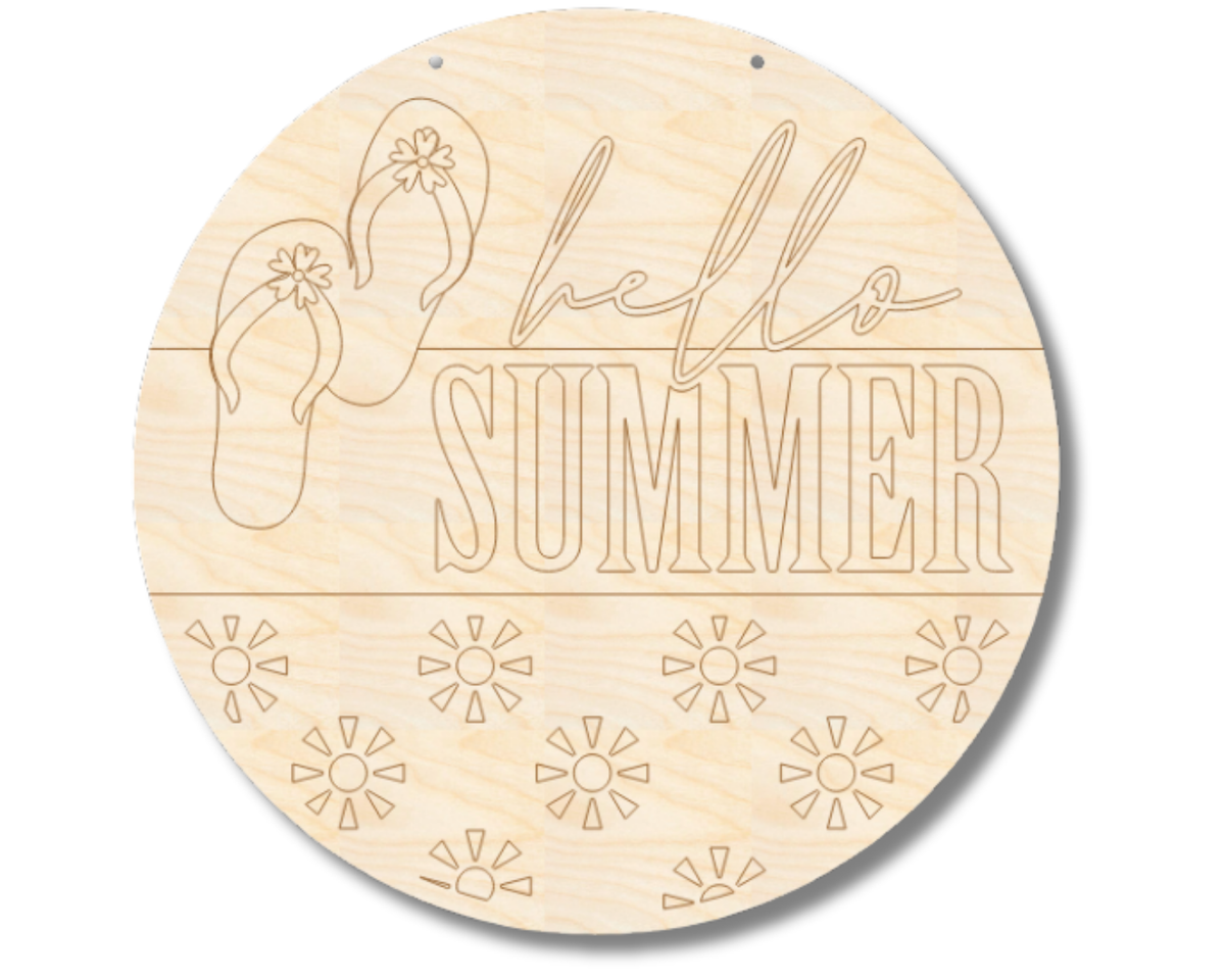 Unfinished Wood Etched Hello Summer Flip Flop Door Sign | Paint By Line Crafts | up to 30" DIY