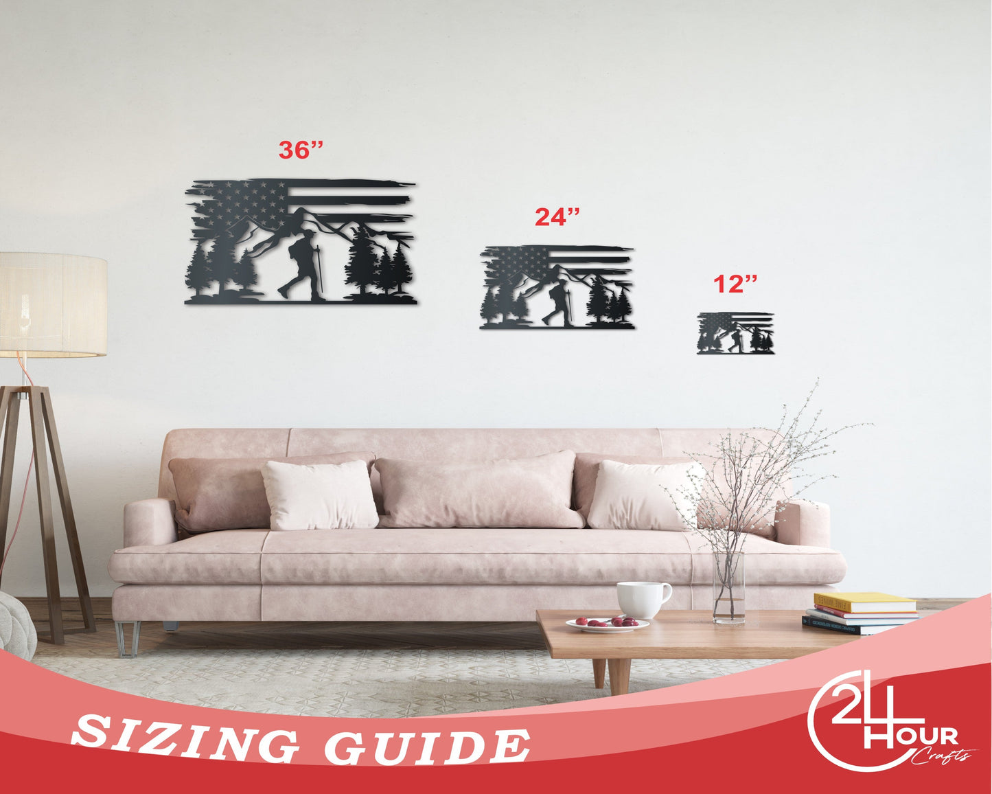 Hiking USA Metal Sign | Patriotic Mountain Wall Art | Indoor Outdoor | Up to 46" | Over 20 Color Options