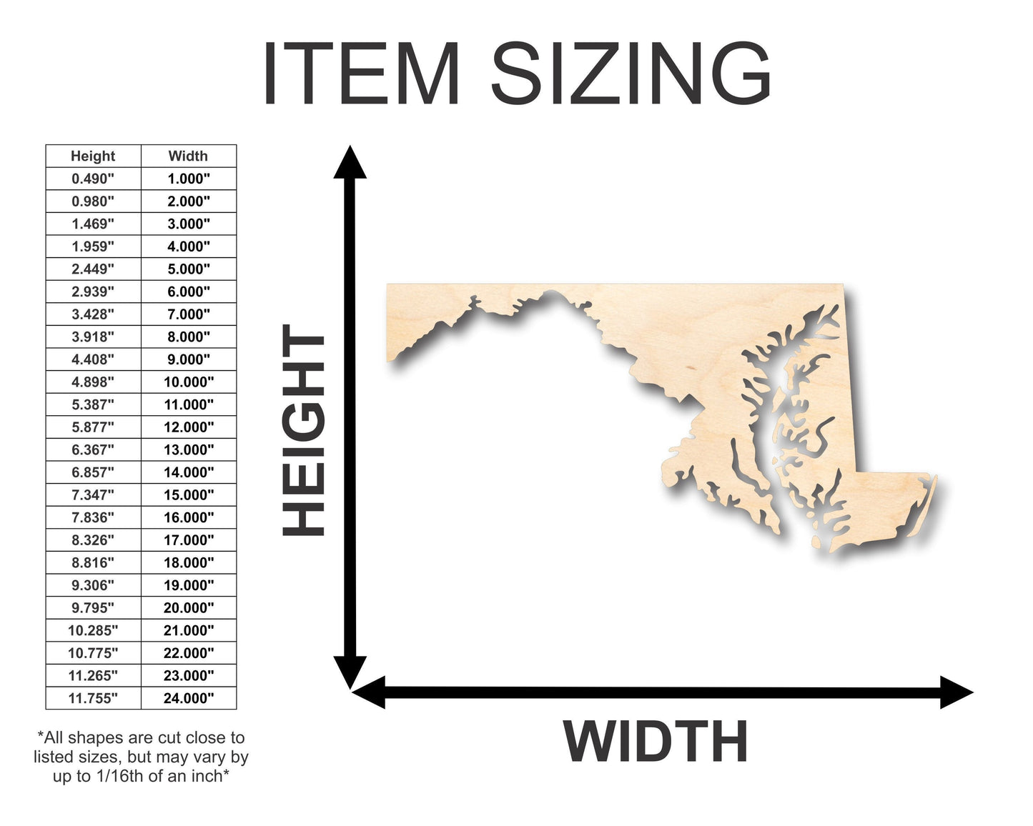 Unfinished Wood Maryland Shape - State - Craft - up to 46"  DIY