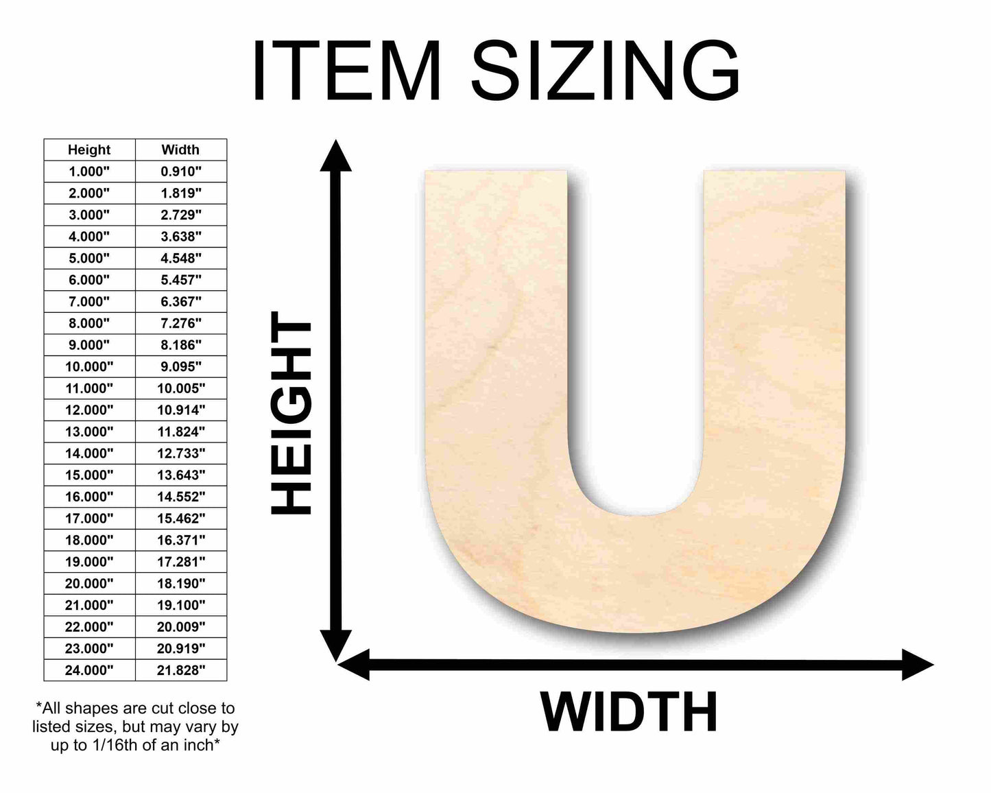 Unfinished Wood Block Letter U - Craft - up to 46" DIY