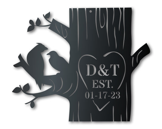 Metal Love Birds Carved Tree Wall Art - Custom Metal Sign - 14 Color Options