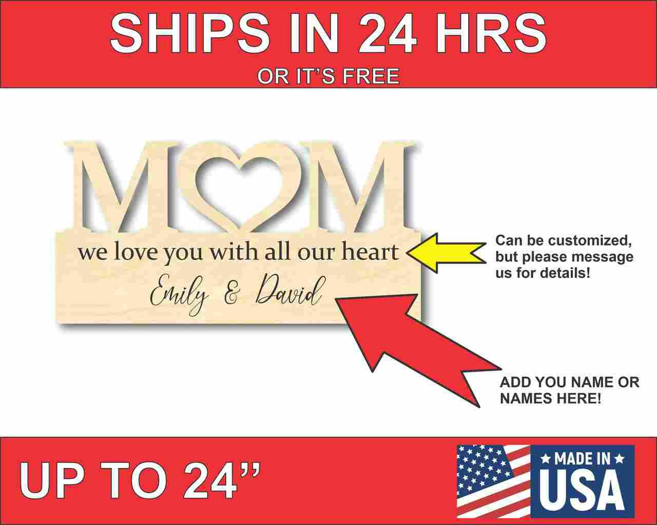 Wood Love Mother's Day Gift Customizable Cutout Finished or Unfinished up to 48" Wide - Home Decor DIY
