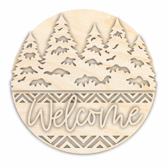 Unfinished Wood Welcome Snowy Trees Door Sign Kit | Wood Craft Cutouts | 1/4" Thick |