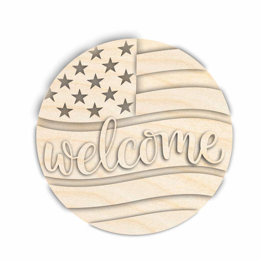 Unfinished Wood Welcome USA Flag Door Sign Kit | Wood Craft Cutouts | 1/4" Thick |
