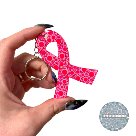 Pink Ribbon Dot Art Keychain