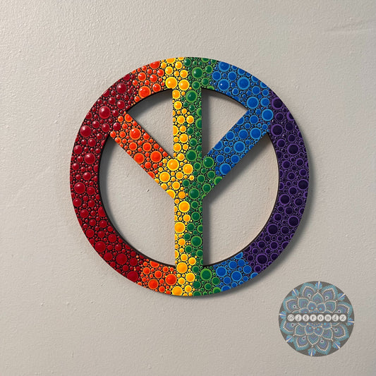 Rainbow Peace Sign Dot Art Round Wooden Painting