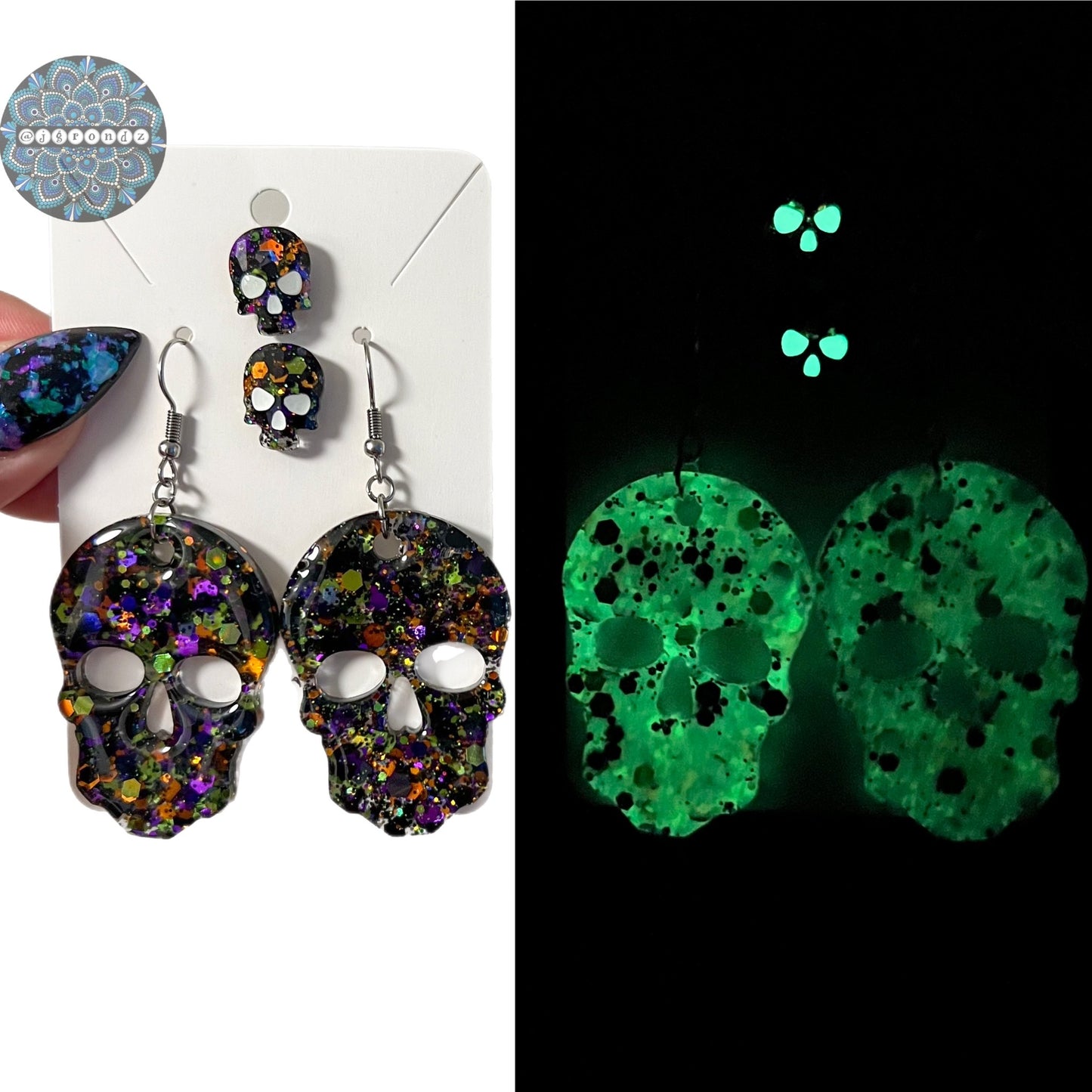 Halloween Glow In The Dark Skull Dangle and Stud Earring Set - Holographic Background