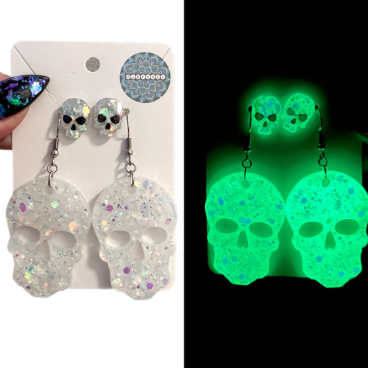 Halloween Glow In The Dark Skull Dangle and Stud Earring Set - Holographic Background