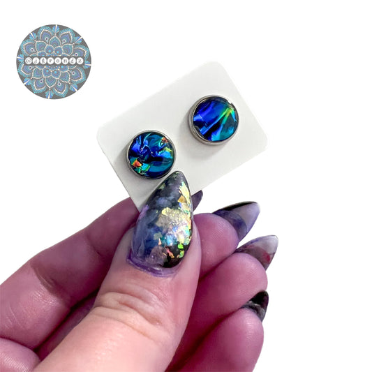 Faux Dichroic Glass Blue Stainless Steel Stud Earrings - Resin Earrings