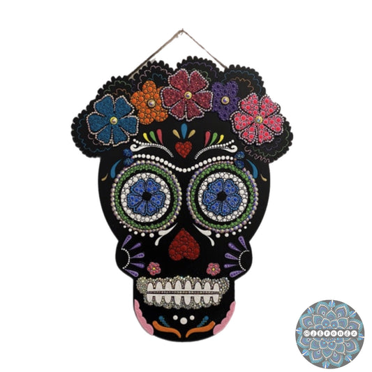 Day of the Dead Sugar Skull Wooden Dot Art Painting with Rhinestone embellishment