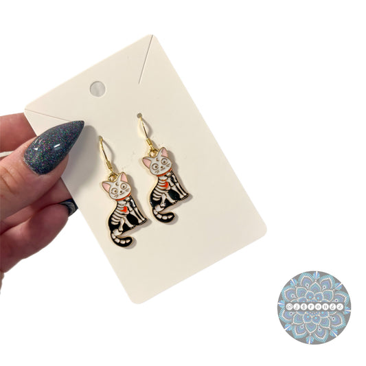 Skeleton Cat Kitty Earrings with 18k gold plated Fish Hook Ear Wire for Halloween