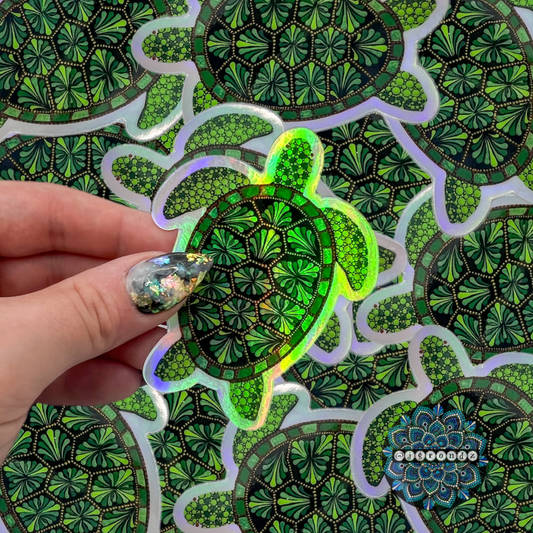 Green Turtle Holographic Mandala Sticker