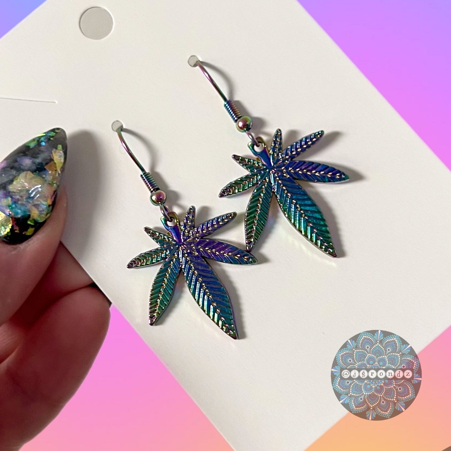 Rainbow Weed Leaf Earrings With Stainless Steel Fish Hook Ear Wire
