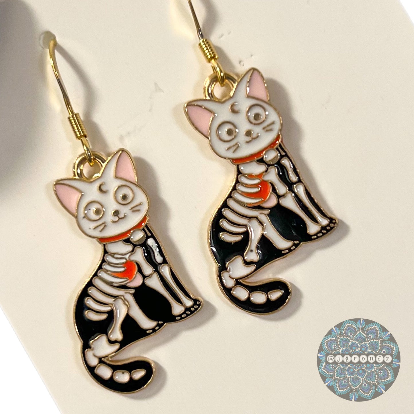 Skeleton Cat Kitty Earrings with 18k gold plated Fish Hook Ear Wire for Halloween